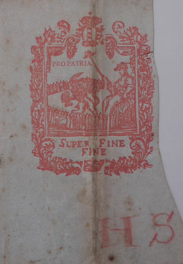 Fragment van een Nedelandse riemkap uit de 18de eeuw voor Pro Patria papier van super fine fine kwaliteit van een maker met de initialen H.S.