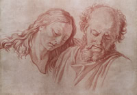 Door De Riemkap gerestaureerde tekening op rood krijt op papier.