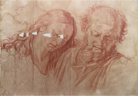 Door De Riemkap gerestaureerde tekening op rood krijt op papier.